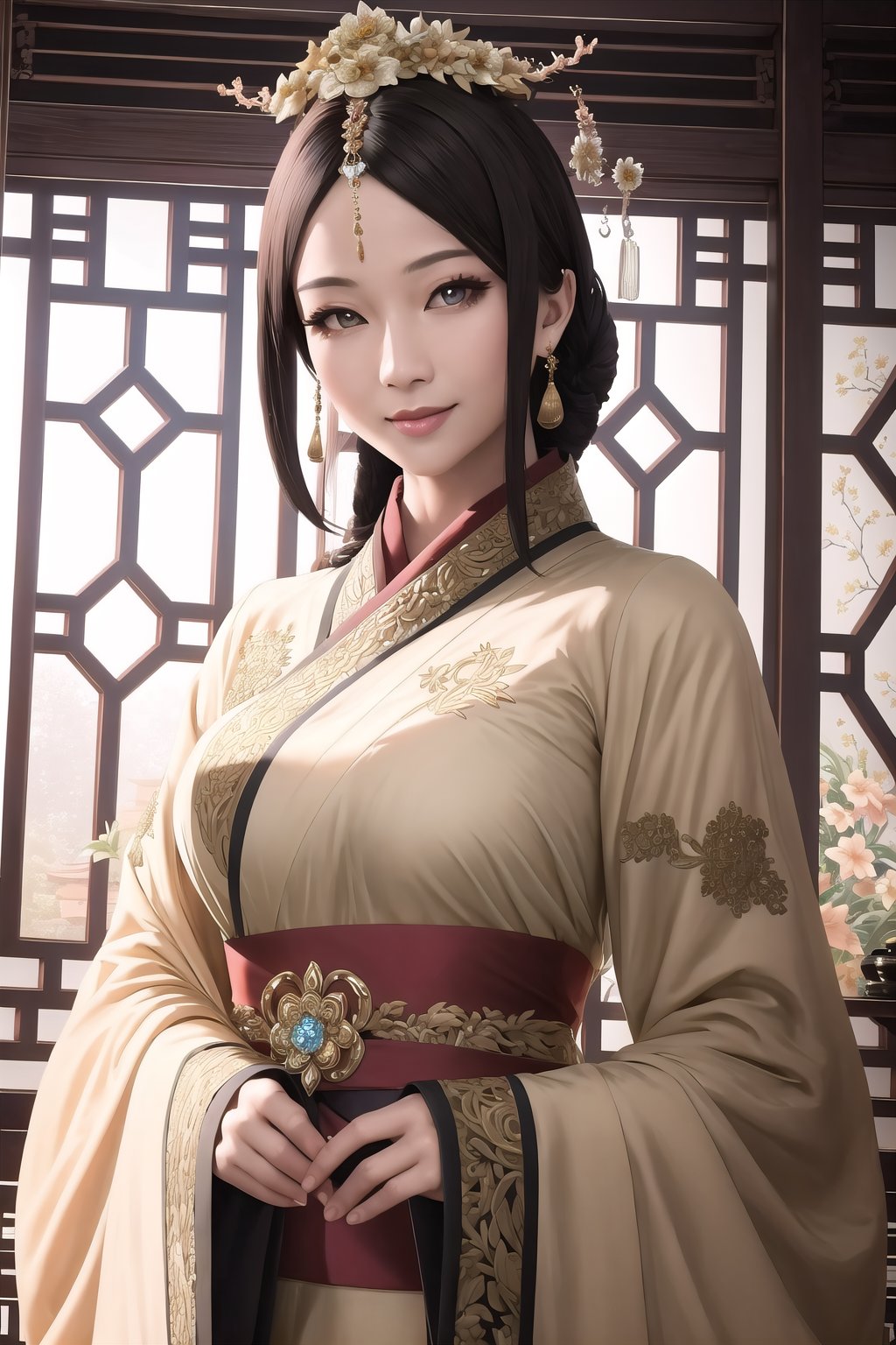 (Masterpiece,  best quality:1.4),  top quality,  8k resolution,  official artwork,  (deep depth of field:1.3),  cg unity wallpaper,  film grain,  3d,  original,  volumetric lighting,  shiny,  gorgeous,  pose,  sultry. looking t viewer,  smile,  hairpin,  ornate details,  hair ornament,  flower,  floral arrangement,  stylish,  quju,  mature female,  ultra-detailed full body portrait,  focus face,  sharp focus,  (detailed face,  detailed eyes,  deep eyes:1.2),  hazel eyes,  reflection,  isolated,  east asian architecture,  (details:1.3),  (intricate details:1.2),  hyperrealistic,  perfect,  ffantastic quality,  atmosphere,  soft lighting,  (dynamic view),  tropical vibe,  (vivid,  vibrant,  rich colors:1.1), <lora:EMS-43274-EMS:0.700000>