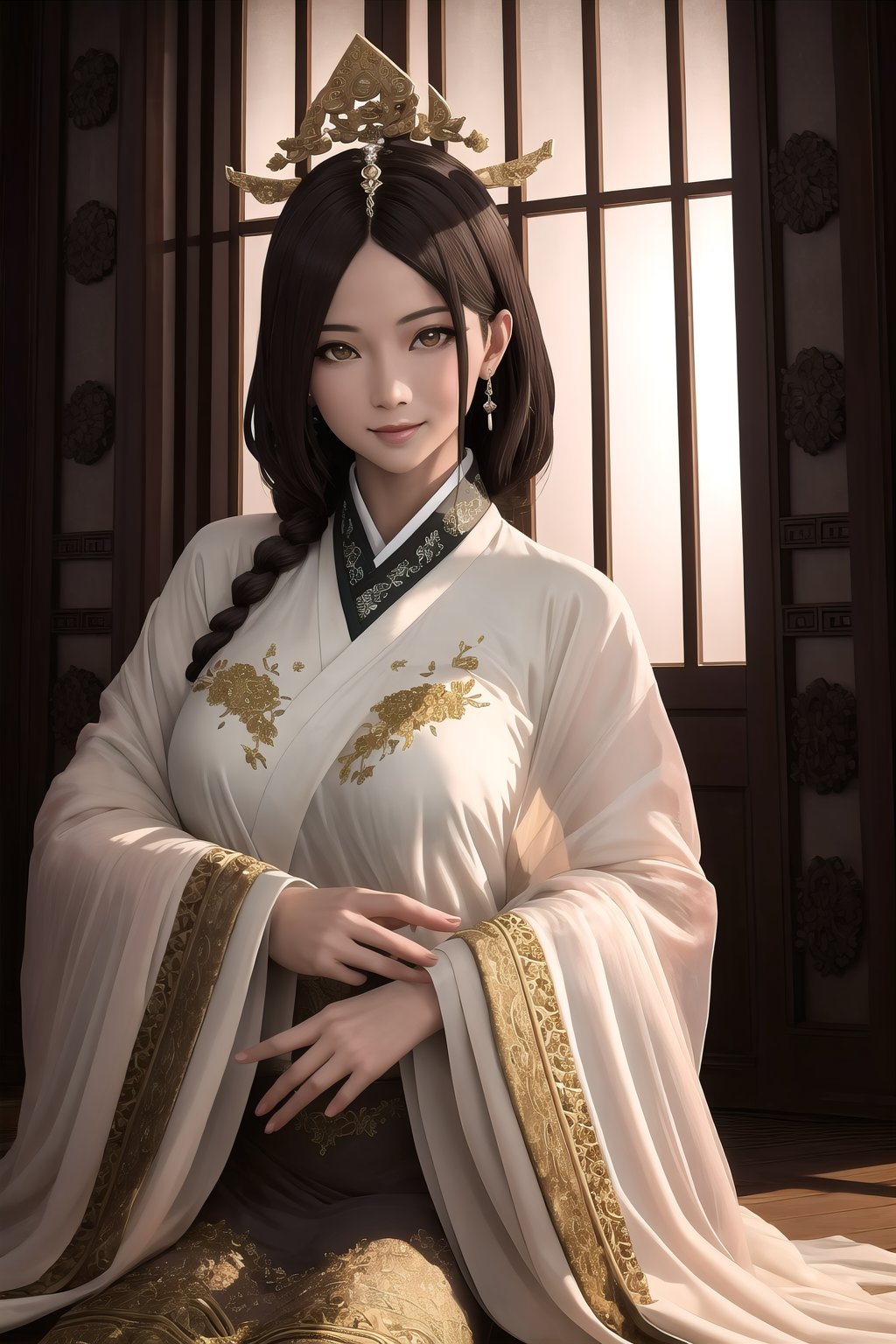 (Masterpiece,  best quality:1.4),  top quality,  8k resolution,  official artwork,  cg unity wallpaper,  3d,  original,  volumetric lighting,  shiny,  gorgeous,  pose,  sultry. looking t viewer,  smile,  hairpin,  ornate details,  hair ornament,  flower,  floral arrangement,  stylish,  quju,  mature female,  ultra-detailed full body portrait,  focus face,  sharp focus,  (detailed face,  detailed eyes,  deep eyes:1.2),  hazel eyes,  reflection,  isolated,  east asian architecture,  (details:1.3),  (intricate details:1.2),  hyperrealistic,  perfect,  ffantastic quality,  atmosphere,  soft lighting,  (dynamic view),  tropical vibe, <lora:EMS-43274-EMS:0.700000>