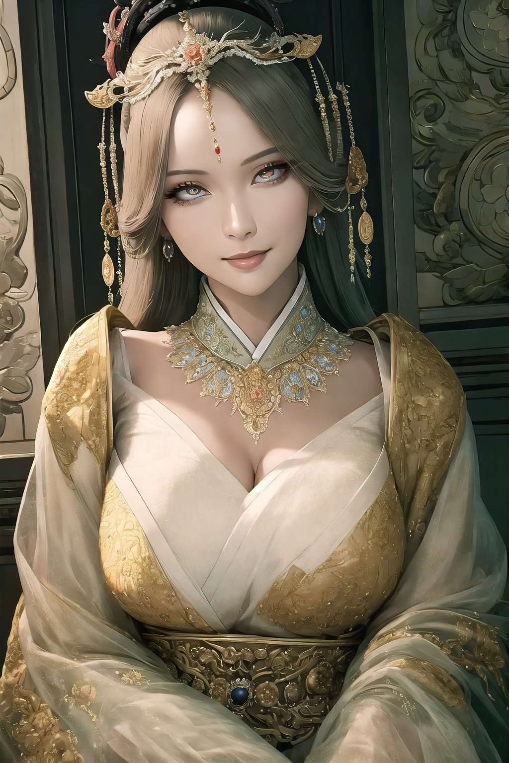 (Masterpiece,  best quality:1.4),  top quality,  8k resolution,  official artwork,  original,  volumetric lighting,  shiny,  gorgeous,  pose,  sultry. looking t viewer,  smile,  hairpin,  ornate details,  hair ornament,  flower,  floral arrangement,  stylish,  quju,  mature female,  ultra-detailed full body portrait,  focus face,  sharp focus,  (detailed face,  detailed eyes,  deep eyes:1.2),  sapphire eyes,  reflection,  isolated,  east asian architecture,  (details:1.3),  (intricate details:1.2),  hyperrealistic,  perfect,  ffantastic quality,  atmosphere,  soft lighting,  (dynamic view), <lora:EMS-43274-EMS:0.700000>