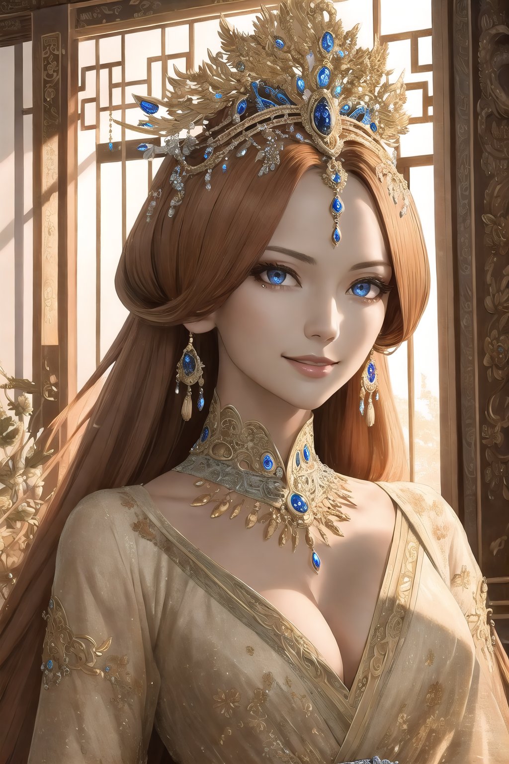 (Masterpiece,  best quality:1.4),  top quality,  8k resolution,  official artwork,  volumetric lighting,  shiny,  gorgeous,  pose,  sultry. looking t viewer,  smile,  hairpin,  ornate details,  hair ornament,  flower,  floral arrangement,  stylish,  quju,  mature female,  ultra-detailed full body portrait,  focus face,  sharp focus,  (detailed face,  detailed eyes,  deep eyes:1.2),  sapphire eyes,  reflection,  isolated,  east asian architecture,  (details:1.3),  (intricate details:1.2),  hyperrealistic,  perfect,  ffantastic quality,  atmosphere,  soft lighting,  (dynamic view), <lora:EMS-43274-EMS:0.700000>