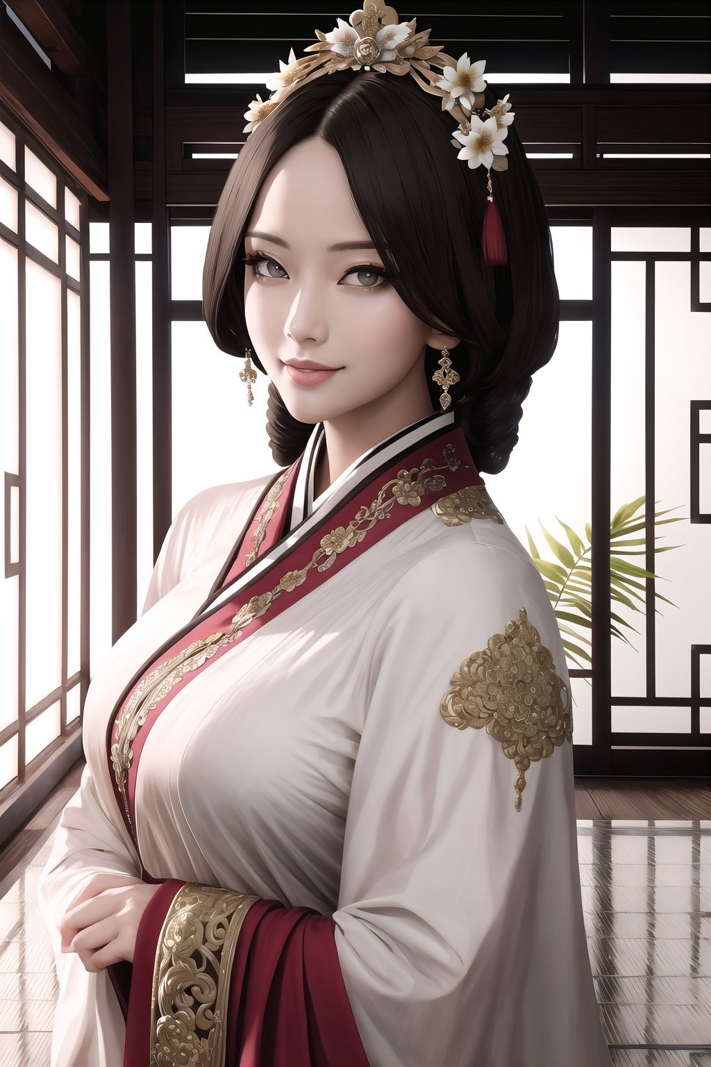 (Masterpiece,  best quality:1.4),  top quality,  8k resolution,  official artwork,  (deep depth of field:1.3),  cg unity wallpaper,  film grain,  3d,  original,  volumetric lighting,  shiny,  gorgeous,  pose,  sultry. looking t viewer,  smile,  hairpin,  ornate details,  hair ornament,  flower,  floral arrangement,  stylish,  quju,  mature female,  ultra-detailed full body portrait,  focus face,  sharp focus,  (detailed face,  detailed eyes,  deep eyes:1.2),  hazel eyes,  reflection,  isolated,  east asian architecture,  (details:1.3),  (intricate details:1.2),  hyperrealistic,  (hotoreal:1.1),  perfect,  ffantastic quality,  atmosphere,  soft lighting,  (dynamic view),  tropical vibe,  (vivid,  vibrant,  rich colors:1.1), <lora:EMS-43274-EMS:0.700000>