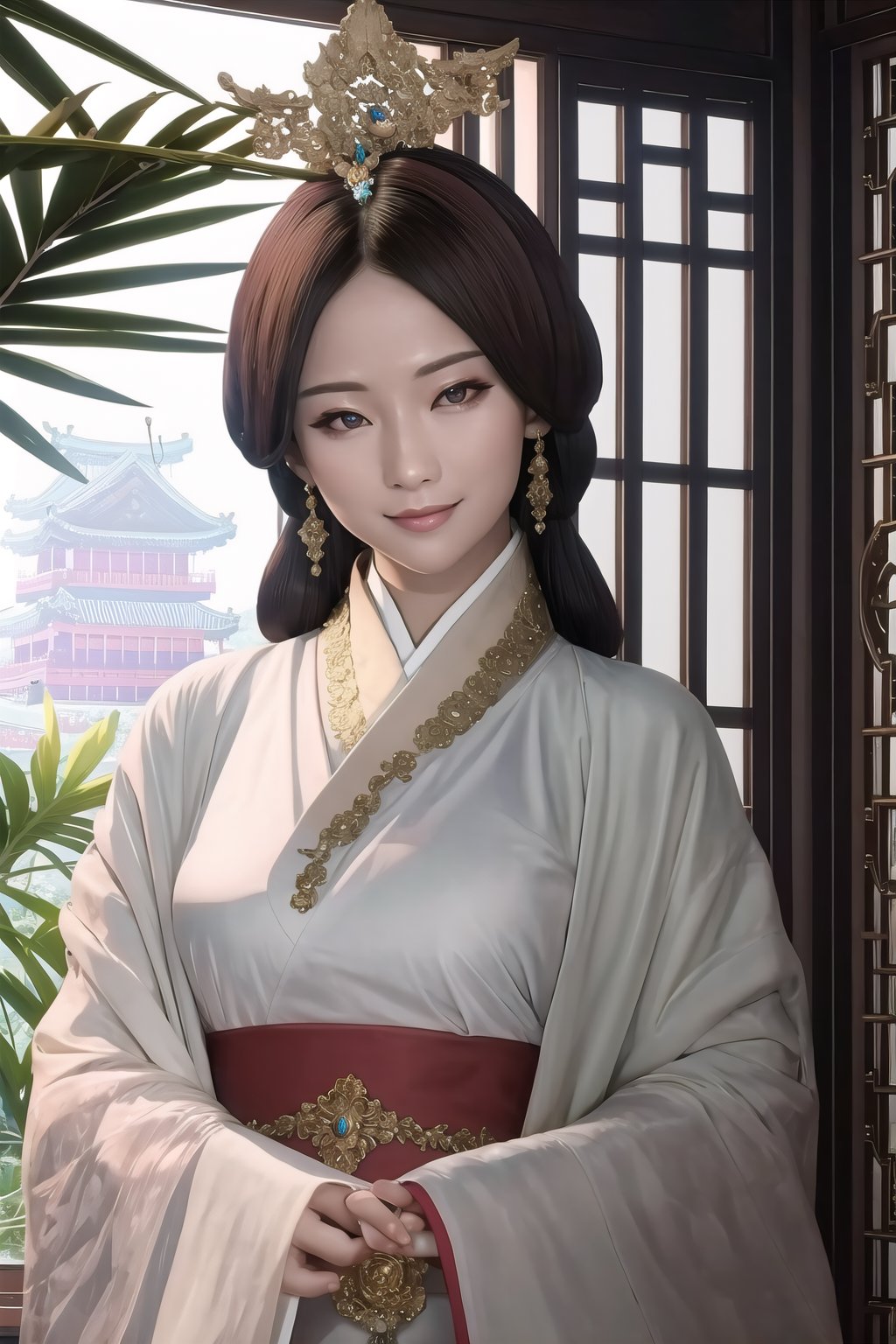 (Masterpiece,  best quality:1.4),  top quality,  8k resolution,  official artwork,  (deep depth of field:1.3),  cg unity wallpaper,  film grain,  3d,  original,  volumetric lighting,  shiny,  gorgeous,  pose,  sultry. looking t viewer,  smile,  hairpin,  ornate details,  hair ornament,  flower,  floral arrangement,  stylish,  quju,  mature female,  ultra-detailed full body portrait,  focus face,  sharp focus,  (detailed face,  detailed eyes,  deep eyes:1.2),  hazel eyes,  reflection,  isolated,  east asian architecture,  (details:1.3),  (intricate details:1.2),  hyperrealistic,  (hotoreal:1.1),  perfect,  ffantastic quality,  atmosphere,  soft lighting,  (dynamic view),  tropical vibe,  (vivid,  vibrant,  rich colors:1.1), <lora:EMS-43274-EMS:1.000000>