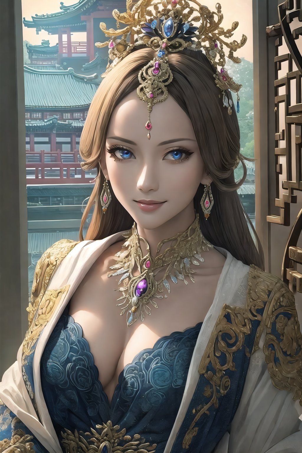 (Masterpiece,  best quality:1.4),  top quality,  8k resolution,  official artwork,  volumetric lighting,  shiny,  gorgeous,  pose,  sultry. looking t viewer,  smile,  hairpin,  ornate details,  hair ornament,  flower,  floral arrangement,  stylish,  quju,  mature female,  ultra-detailed full body portrait,  focus face,  sharp focus,  (detailed face,  detailed eyes,  deep eyes:1.2),  sapphire eyes,  reflection,  isolated,  east asian architecture,  (details:1.3),  (intricate details:1.2),  hyperrealistic,  perfect,  ffantastic quality,  atmosphere,  soft lighting,  (dynamic view), <lora:EMS-43274-EMS:0.700000>