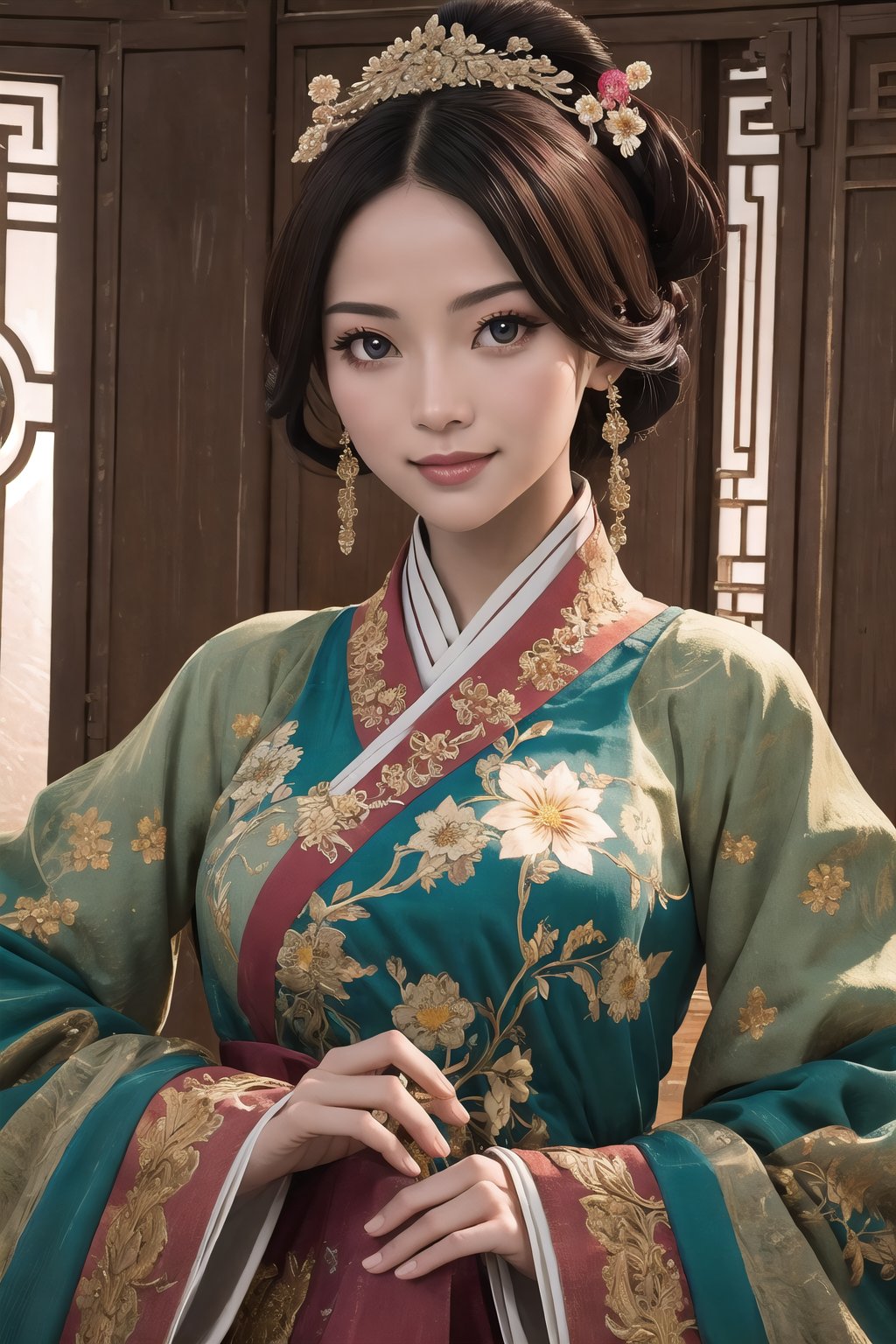 (Masterpiece,  best quality:1.4),  top quality,  8k resolution,  official artwork,  (deep depth of field:1.3),  cg unity wallpaper,  film grain,  3d,  original,  volumetric lighting,  shiny,  gorgeous,  pose,  sultry. looking at viewer,  smile,  hairpin,  ornate details,  hair ornament,  flower,  floral arrangement,  stylish,  (quju),  mature female,  (ultra-detailed full body portrait:1.1),  focus face,  sharp focus,  (detailed face,  detailed eyes,  deep eyes:1.2),  hazel eyes,  wide sleeves,  reflection,  isolated,  east asian architecture,  (details:1.3),  (intricate details:1.2),  hyperrealistic,  (photoreal:1.1),  (subsurface scatterig:0.8),  perfect,  ffantastic quality,  atmosphere,  soft lighting,  (dynamic view),  tropical vibe,  (vivid,  vibrant,  rich colors:1.1), <lora:EMS-43274-EMS:0.800000>