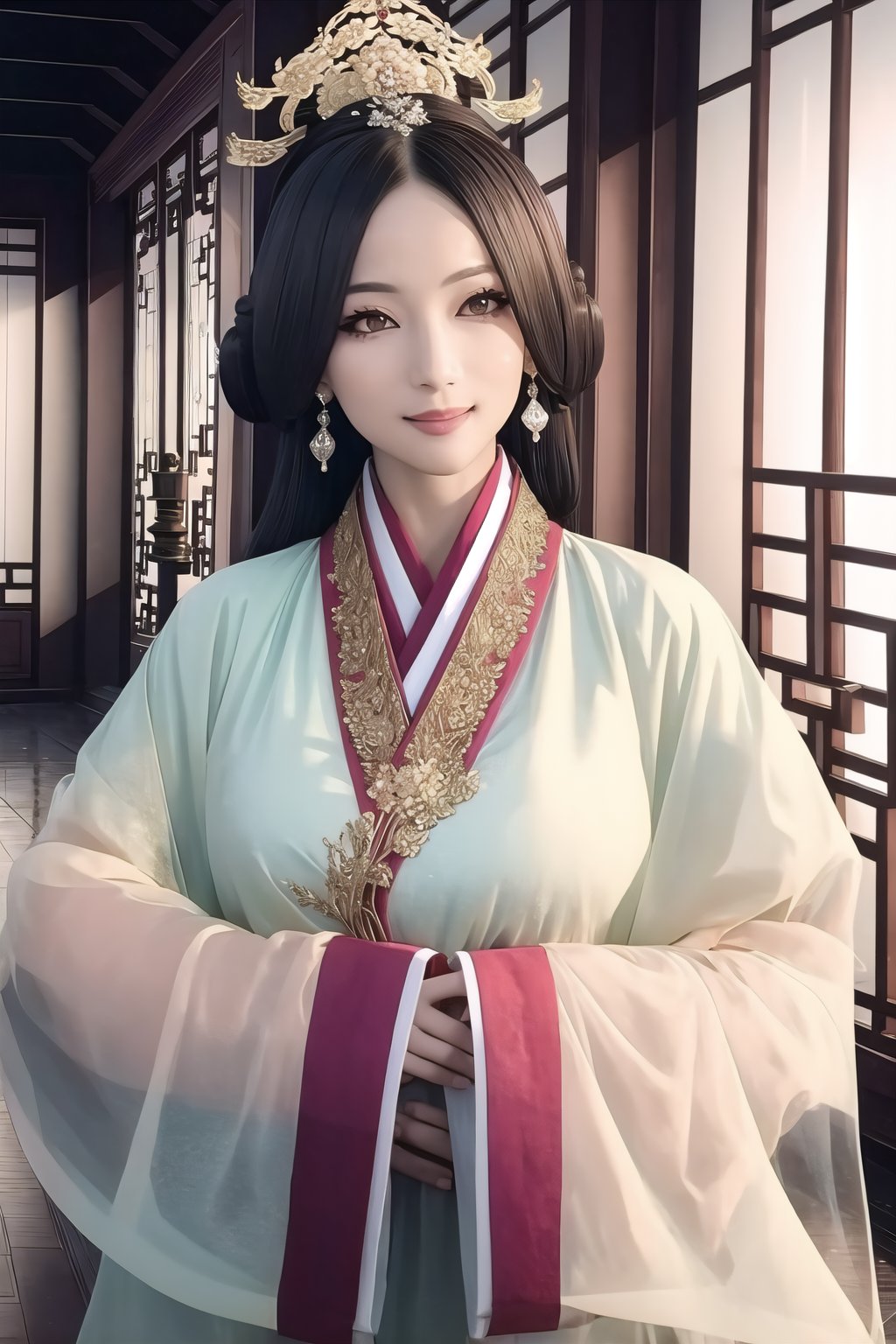 (Masterpiece,  best quality:1.4),  top quality,  8k resolution,  official artwork,  (deep depth of field:1.3),  cg unity wallpaper,  film grain,  3d,  original,  volumetric lighting,  shiny,  gorgeous,  pose,  sultry. looking t viewer,  smile,  hairpin,  ornate details,  hair ornament,  flower,  floral arrangement,  stylish,  quju,  mature female,  ultra-detailed full body portrait,  focus face,  sharp focus,  (detailed face,  detailed eyes,  deep eyes:1.2),  hazel eyes,  reflection,  isolated,  east asian architecture,  (details:1.3),  (intricate details:1.2),  hyperrealistic,  (hotoreal:1.1),  perfect,  ffantastic quality,  atmosphere,  soft lighting,  (dynamic view),  tropical vibe,  (vivid,  vibrant,  rich colors:1.1), <lora:EMS-43274-EMS:1.000000>