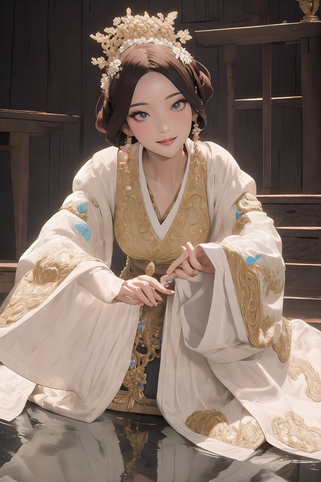 (Masterpiece,  best quality:1.4),  top quality,  8k resolution,  official artwork,  (deep depth of field:1.3),  cg unity wallpaper, film grain,  3d,  original,  volumetric lighting,  shiny,  gorgeous,  pose,  sultry. looking at viewer,  smile,  hairpin,  ornate details,  hair ornament,  flower,  floral arrangement,  stylish,  (quju),  mature female,  (ultra-detailed full body portrait:1.1),  focus face,  sharp focus,  (detailed face,  detailed eyes,  deep eyes:1.2),  hazel eyes,  wide sleeves,  reflection,  highly detailed,  intricate details, <lora:EMS-43274-EMS:0.900000>