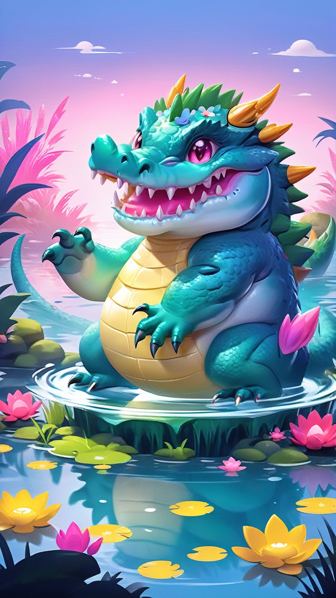 (Fantasy Q Version Style :1.5) (Cute, simplified, cute) Gradient-colored (bright colors) Goblins Pond, huge round body furry oversized eyes tart-shaped alien crocodile beast, playing on the edge of a clear pond with delicate petals floating on the water