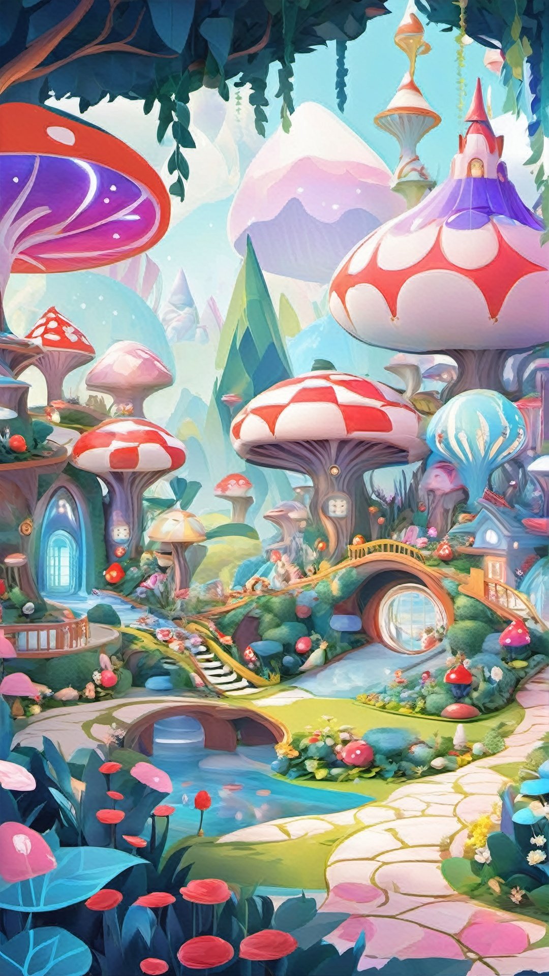 (Fantasy Q Version Style :1.5) (Cute, simplified, colorful, cute) Wonderland Garden: A Q version of Wonderland Garden, full of mysterious plants and elves