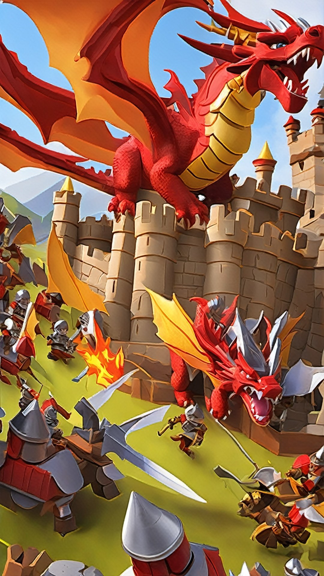 (Battle Q Style :1.5) Dragon Siege: A Q-dragon is attacking a castle, and the warriors on the castle are bravely resisting