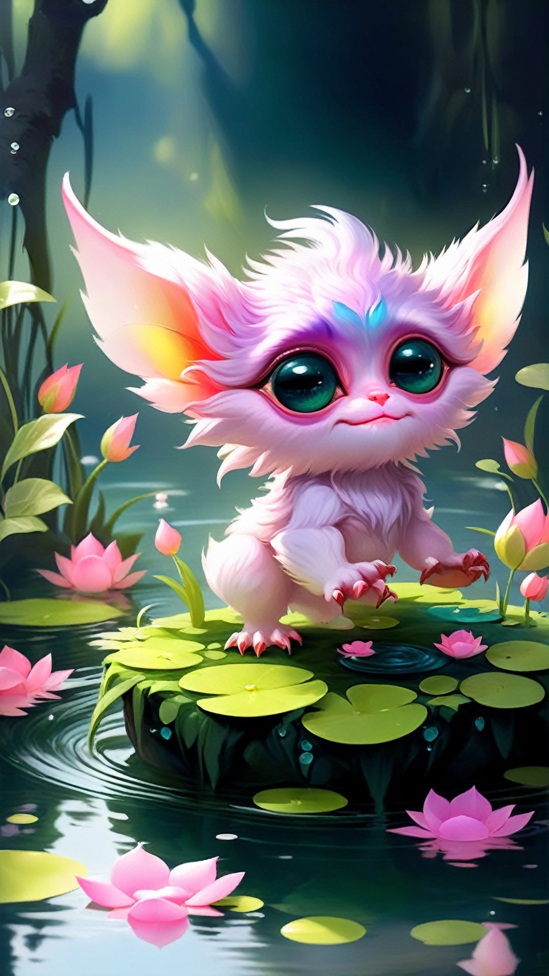 (Fantasy Q Edition Style :1.5) (Cute, simplified, cute) (Bright colors) Goblin Pond, close-up super round furry oversized eyes tart-shaped beast, playing on the edge of a clear pond with delicate petals floating on the water