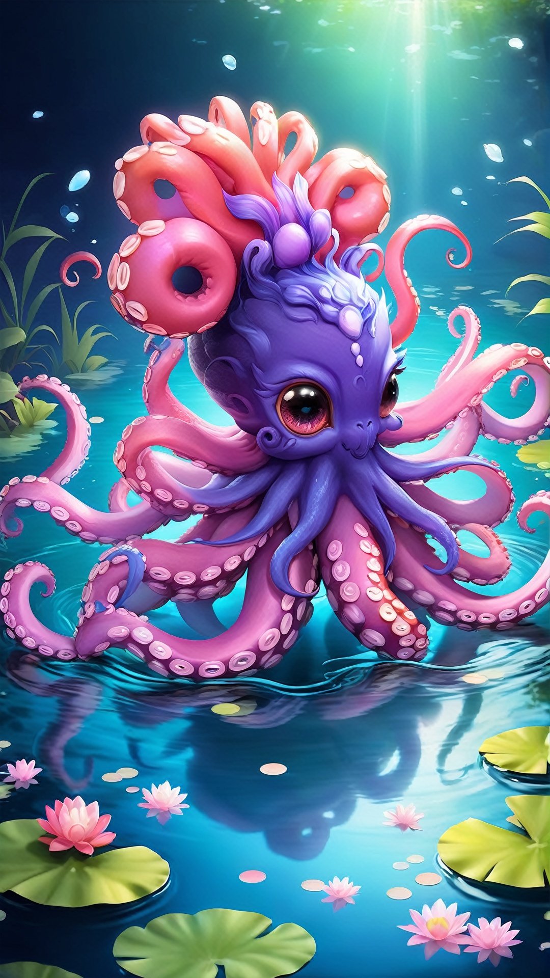 (Fantasy Q Version Style :1.5) (Cute, simplified, cute) Fade Color (bright colors) Fairy Pond, close-up round body furry oversized eyes tart-shaped octopus beast, playing on the edge of a clear pond with delicate petals floating on the water