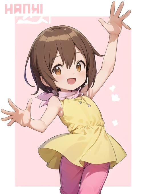 best quality, masterpiece, highres, detailed, perfect anatomy,  <lora:Detail - add_detail:0.2>, HikariDigi,  <lora:HikariDigi:1>, yellow dress, pink pants, happy, female child