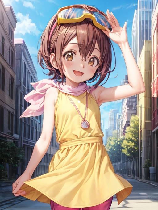 best quality, masterpiece, highres, detailed, perfect anatomy,  <lora:Detail - add_detail:0.2>, HikariDigi,  <lora:HikariDigi:1>, yellow dress, pink pants, happy, female child, city, exploring, goggles, goggles on head, 