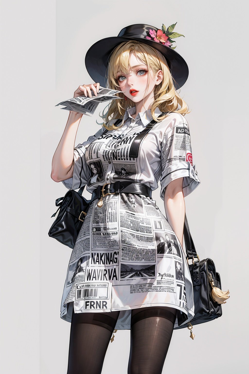 1girl,newspaper shirt, , blonde hair, hat, pantyhose, fashion, red lips, grey background, handbag, simple background, lipstick
,newspaper dress