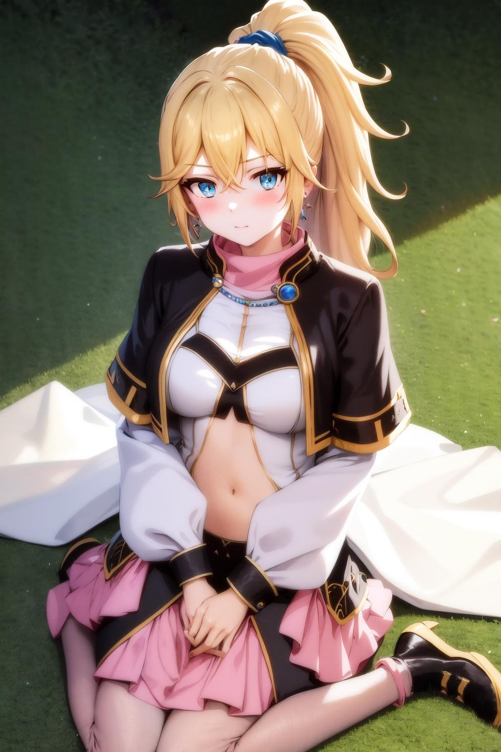 masterpiece, best quality, highres, 1girl lowa ponytail earrings hair scrunchie, pink turtleneck black capelet white shirt jewelry white sleeves long sleeves navel cutout black skirt pink frills <lora:lowa:1> sitting, wariza, arm support, from above