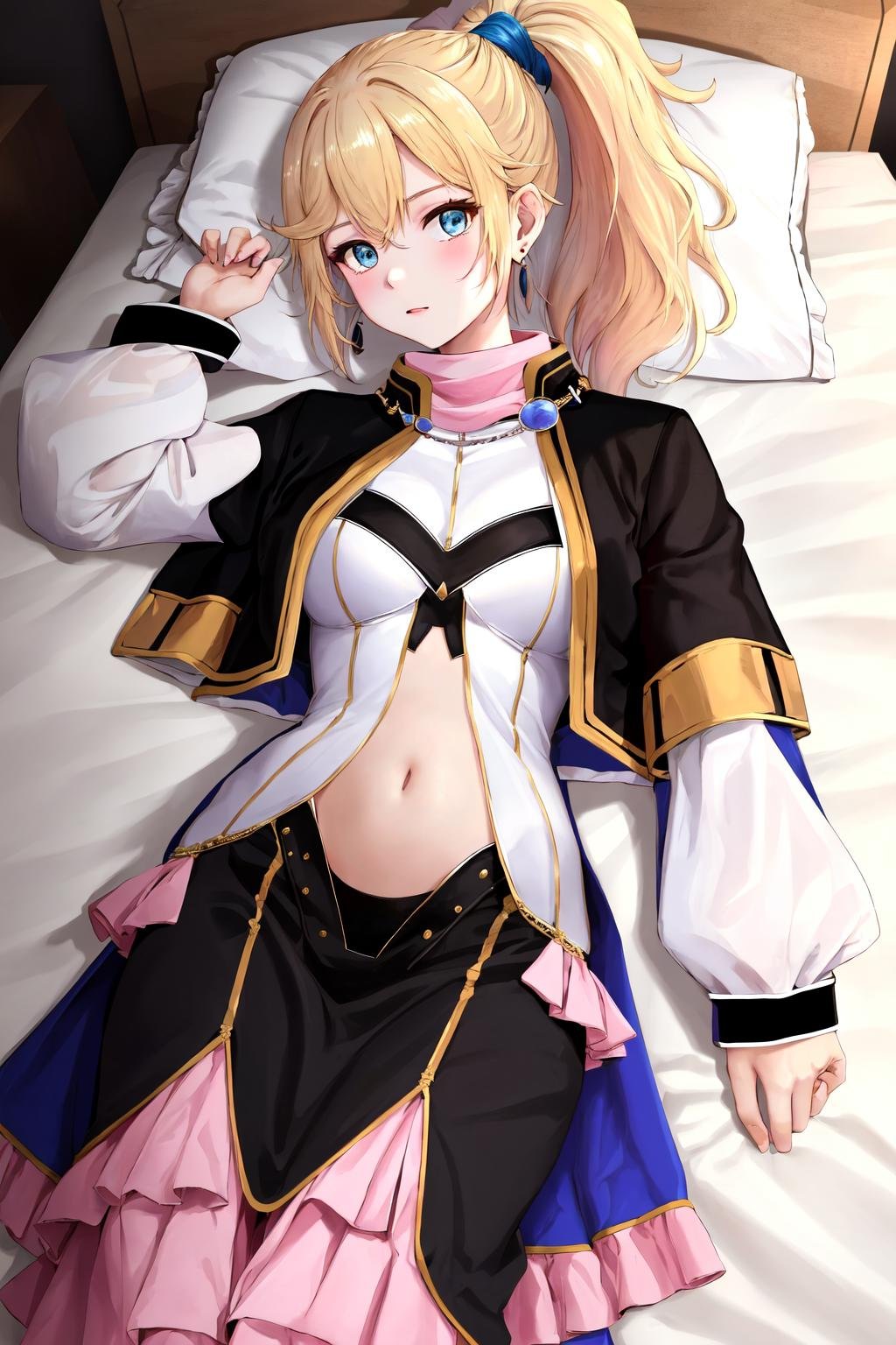 masterpiece, best quality, highres, 1girl lowa ponytail earrings hair scrunchie, pink turtleneck black capelet white shirt jewelry white sleeves long sleeves navel cutout black skirt pink frills <lora:lowa:1> arms up, lying on back, bed sheet