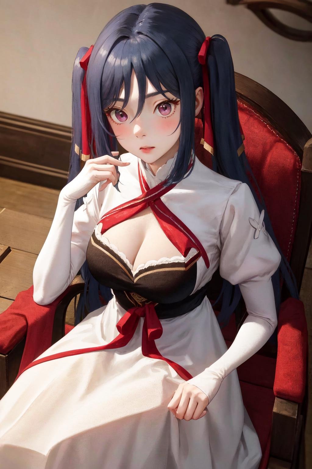 masterpiece, best quality, highres,  1girl zenovia marden twintails hair ribbon, white dress clothing cutout white sleeves red ribbon black vest <lora:zenovia_marden:1> sitting on chair