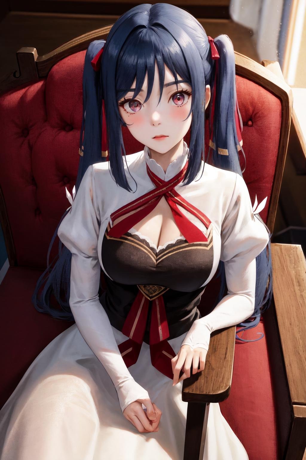 masterpiece, best quality, highres,  1girl zenovia marden twintails hair ribbon, white dress clothing cutout white sleeves red ribbon black vest <lora:zenovia_marden:1> sitting on chair