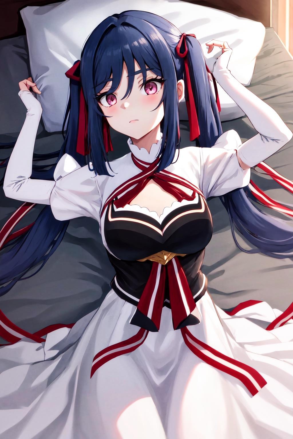 masterpiece, best quality, highres,  1girl zenovia marden twintails hair ribbon, white dress clothing cutout white sleeves red ribbon black vest <lora:zenovia_marden:1> on back, bed sheet, arms up