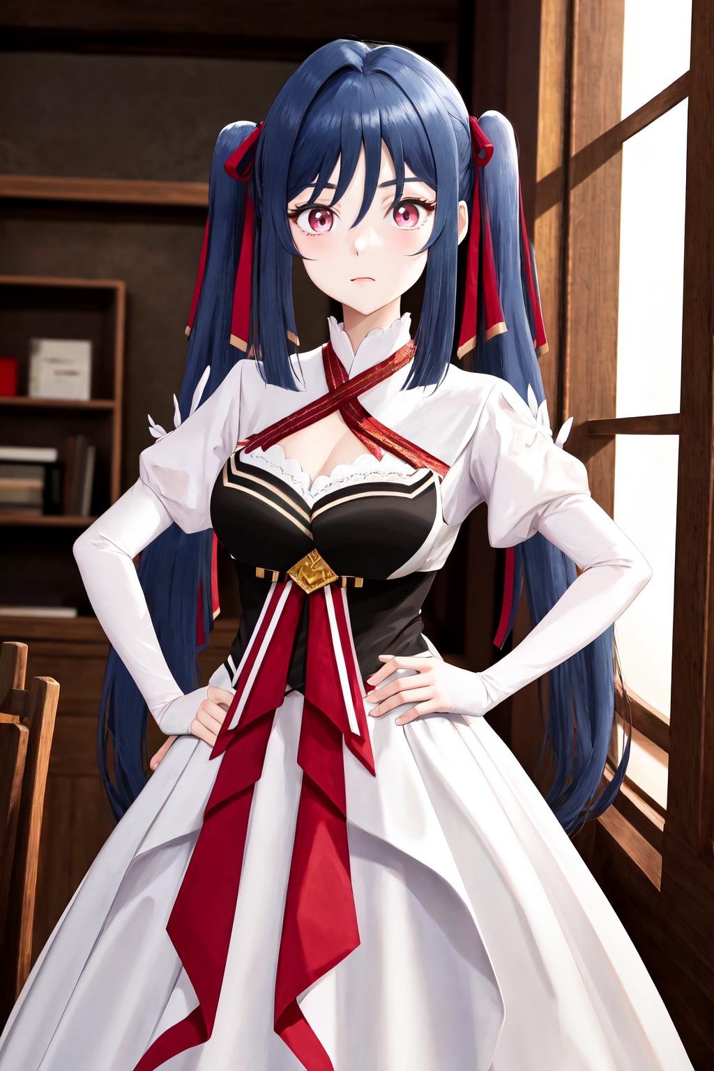 masterpiece, best quality, highres,  1girl zenovia marden twintails hair ribbon, white dress clothing cutout white sleeves red ribbon black vest <lora:zenovia_marden:1> hand on hip