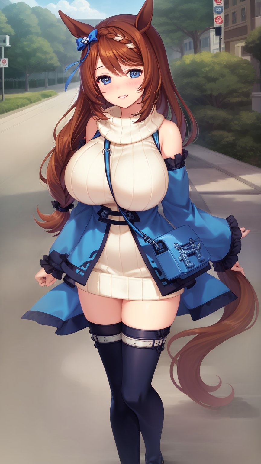 masterpiece, Best Quality, anime colours, Game CG, Official art, High quality, Best Quality, extremely detailed eye, extra detailed body, extremely detailed fingers, Diagonal composition ,standing, plein air, Downtown, ((Cowboy Shot)),Horse tail,（smile, nose blush,arms behind back), big breasts,detached sleeves, long sleeves, bare shoulders, sleeveless sweater, ribbed sweater, white sweater, turtleneck sweater, wrist cuffs, strap between breasts, handbag, shoulder bag, blue dress, thighhighs, zettai ryouiki, thigh boots, mismatched footwear, asysmetrical footwear,holding maracas, 1girl, horse ears, multicolor_hair, Braid hair, braid pigtails, 