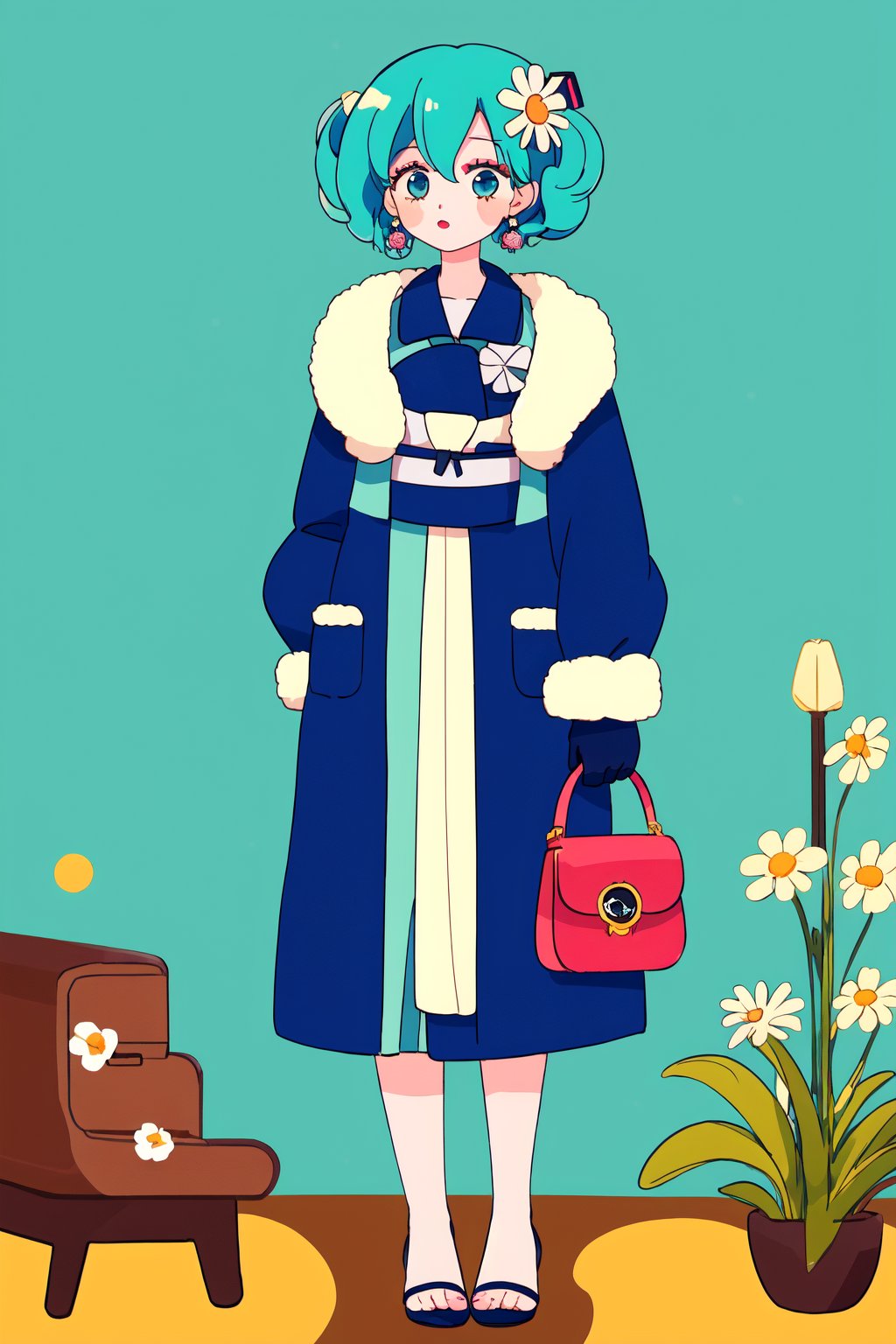 masterpiece, best quality, extremely detailed, detailed face, BREAK 1girl, hatsune miku, gloves, solo, flower, handbag, hair ornament, jewelry, makeup, dress, bow, hair flower, blue eyes, hair bow, earrings, sash, white flower, polka dot, daisy, jacket, coat, lipstick, ringlets, short hair, ribbon, feet out of frame, eyeshadow, long sleeves, yellow jacket, flower earrings, brown gloves, open clothes, retro artstyle, retro fashion, <lora:aha128dim-epoch-000010:0.6> <lora:lohaguihuagaobig-epoch-000004:0.4> <lora:shanzhagao64dim-epoch-000010:0.25> <lora:fruit:0.8>