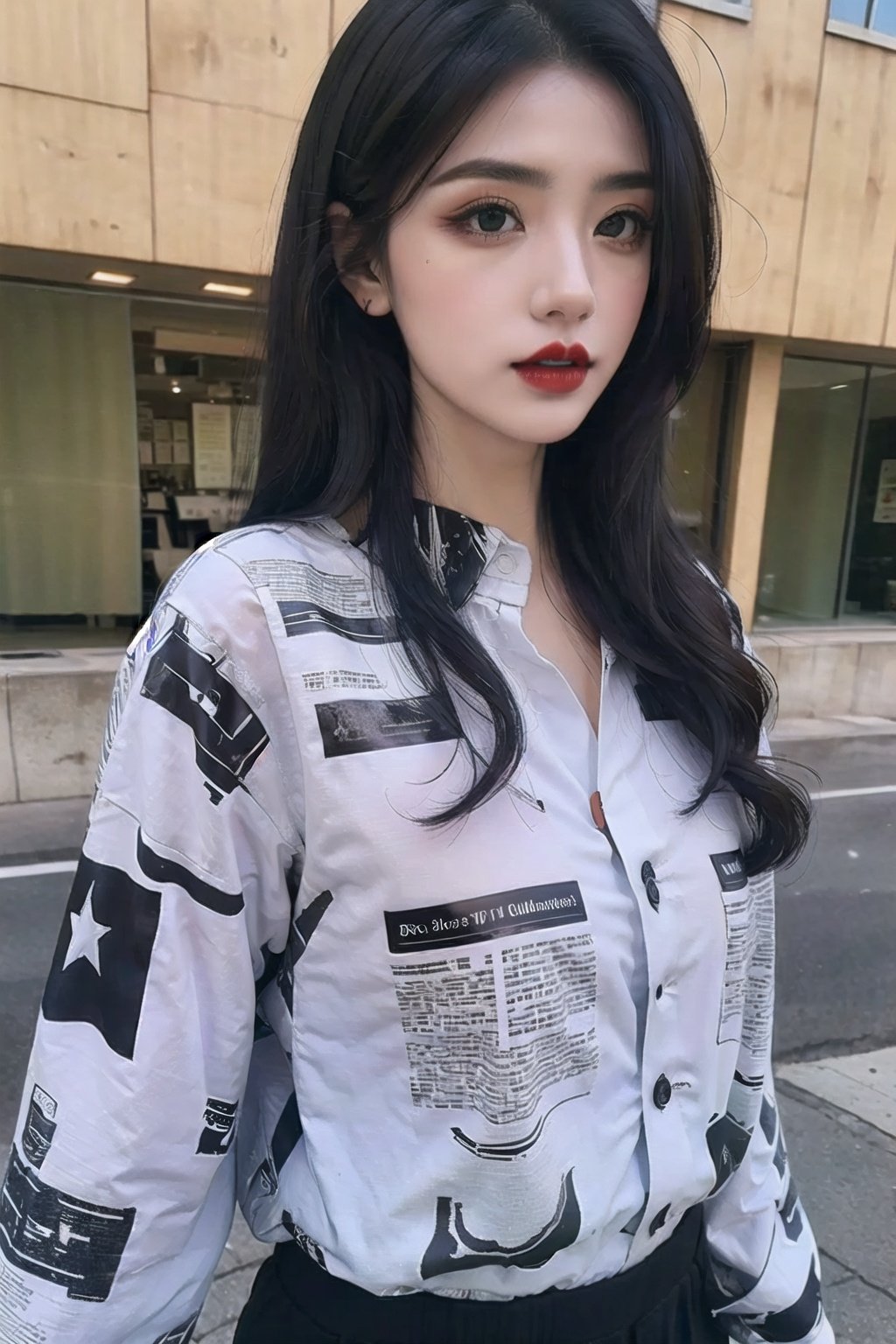 shirt, 1girl, black hair, solo, long hair, upper body, , red lips, , makeup, 
