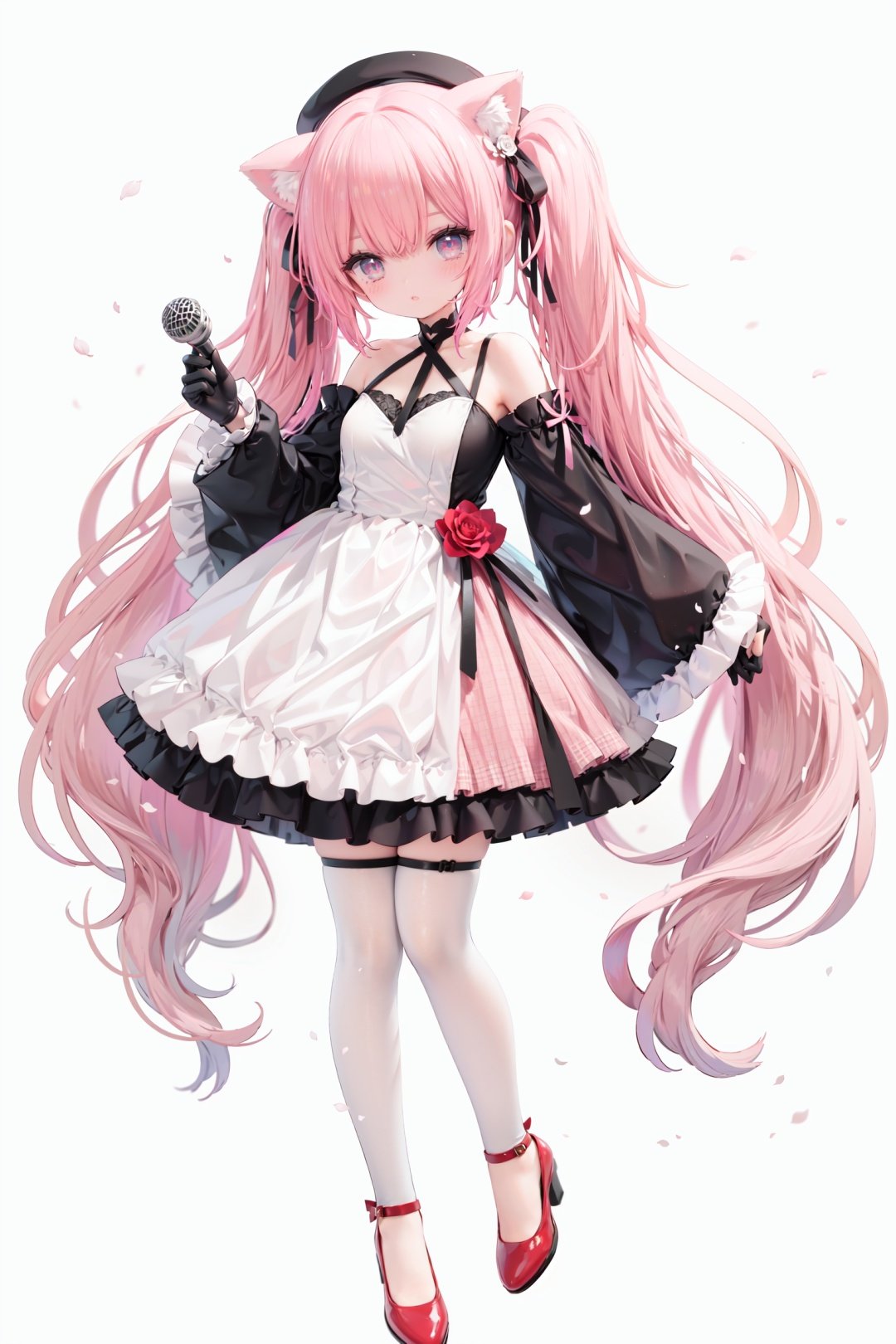 masterpiece, ((best quality)),  dynamic angle, chromatic aberration, ((colorful)),1girl, solo, flower, thighhighs, white thighhighs, gloves, red footwear, long hair, detached sleeves, animal ears, rose, blonde hair, looking at viewer, full body, hat, high heels, petals, dress, standing, twintails, wide sleeves, holding, shoes, frills, red flower, cat ears, bangs, microphone, long sleeves, white flower, hair ornament, white gloves, zettai ryouiki, bare shoulders, pink eyes, frilled dress, small breasts, breasts, closed mouth, skirt, beret, white headwear, very long hair, red eyes, red rose, white dress, blush, ribbon, black gloves, animal ear fluff, hair flower, pink flower