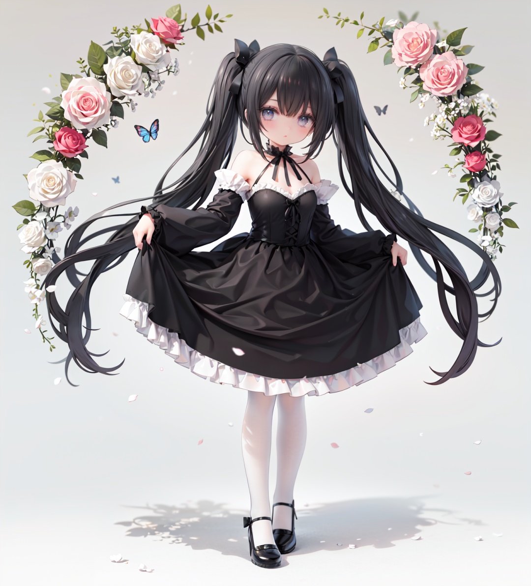 masterpiece, ((best quality)),  dynamic angle, chromatic aberration, ((colorful)),1girl, solo, black hair, long hair, dress, butterfly, bug, twintails, black footwear, lolita fashion, very long hair, pantyhose, black dress, long sleeves, bow, full body, bangs, flower, puffy sleeves, standing on one leg, shoes, white pantyhose, hair bow, looking at viewer, grey eyes, frills, standing, gothic lolita, blush, juliet sleeves, black bow, frilled dress, white flower, rose, closed mouth, skirt hold, petals, wide sleeves, mary janes, white rose