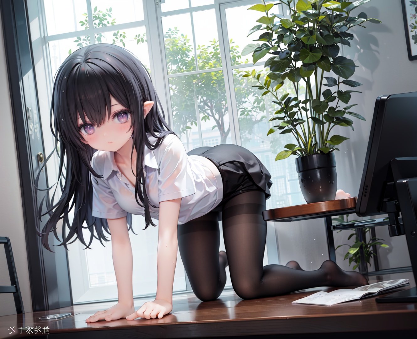 masterpiece, ((best quality)), (ultra-detailed), (illustration), an extremely delicate and beautiful, dynamic angle, chromatic aberration,((Medium shot)), ((colorful)),1girl, pantyhose, black hair, pointy ears, long hair, solo, skirt, shirt, all fours, purple eyes, white shirt, looking at viewer, black pantyhose, black skirt, short sleeves, no shoes, underwear, panties, tentacles, bangs, thighband pantyhose, indoors, blush, panties under pantyhose, full body, tree, hair between eyes, wet