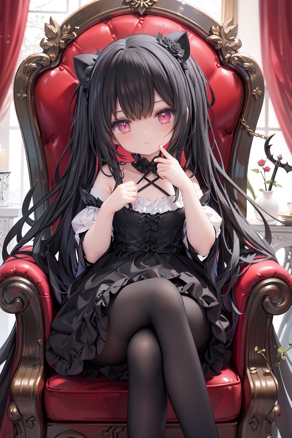 masterpiece, ((best quality)), (ultra-detailed), (illustration), an extremely delicate and beautiful girl, dynamic angle, chromatic aberration, ((colorful)),//,1girls,loli,(petite child:1.1),//,(in Gothic castle),girl with black hair,red eyes,Vertical pupil,long hair,hair arrangement,(Detailed face description),(batwing),(Gothic Lolita),(bat tail),alccandlestick,Cathedral glass,,short skirt,black pantyhose,red lace,high heels,rose tattoo,throne,sitting,crossed legs,//,