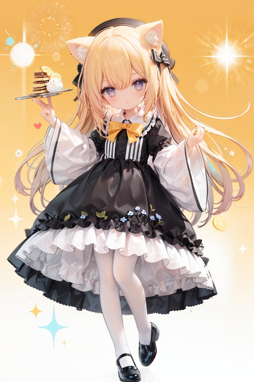 (cinematic lighting),  dreamy atmosphere,  Ray tracing,  (((solo))),  (loli:1.5),  (child:1.5),  (petite:1.5),  green eyes,  (animal ears),  dress,  solo,  food,  blonde hair,  open mouth,  long hair,  pancake,  flower,  holding,  bow,  smile,  fork,  bird,  socks,  looking at viewer,  shoes,  striped background,  holding fork,  bonnet,  striped,  frills,  long sleeves,  :d,  yellow dress,  bangs,  eyebrows visible through hair,  blush,  green nails,  hair bow,  nail polish,  diagonal stripes,  chick,  sparkle,  frilled dress,  orange bow,  fruit,  full body,  :3,  hair between eyes,  green bow,  puffy sleeves,  heart,  lemon,  orange footwear,  animal ear fluff,  white bow,  cat ears,  bobby socks,  orange headwear,  see-through sleeves,  blue background,  striped bow,  hair ornament,  white legwear,  mary janes