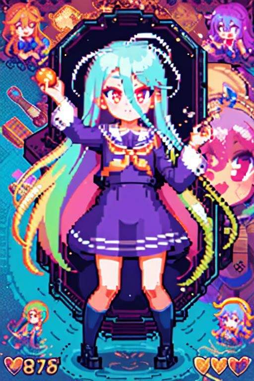 masterpiece, best quality,  (little girl:1.2) , (aged down:1.2),  school uniform , Pixel artvery long hair,blue hair, multicolored hair,  hair between eyes, 