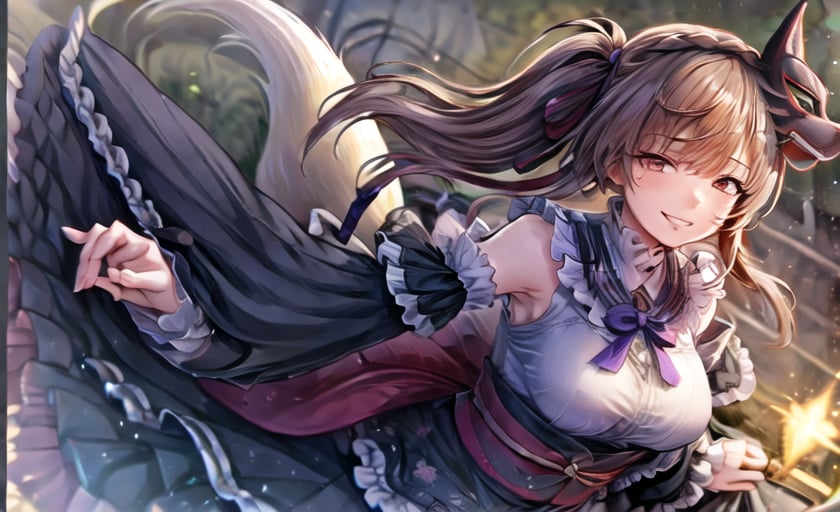 extremely detailed CG unity 8k wallpaper, realistic, hand by Guido Daniele1girl, solo, mask, brown hair, fishnets, thighhighs, full body, fox mask, looking at viewer, weapon, standing, dress, long hair, ribbon, hair ribbon, mask on head, smile, holding, detached sleeves, Purple shiny bow platform shoes, brown eyes, bangs, right tear nevus, frills, fushimi_inari, starry_sky, Toriifox tail, print kimono, half closed eyes,, nice hands, perfect hands,  <lora:add_detail:0.5>