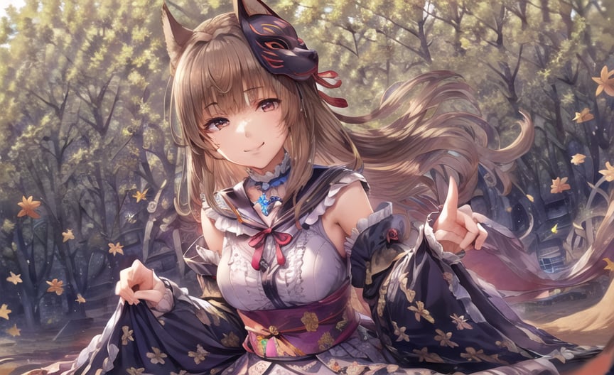 best quality,masterpiece,realistic,1girl, solo, mask, red eyes, frills, looking at viewer, blurry, fox mask, long hair, smile, breasts, braid, mask on head, autumn leaves, detached sleeves, skirt, blurry background, blonde hair, leaf, bangs, outdoors, mole under eye, ribbon, maple leaf, bow, blue bow, mole, medium breasts, hair ribbon, hair ornament, side ponytail, floral print, skirt hold, choker, sash, depth of field, japanese clothes, sailor collar, fox shadow puppet,claw pose,Swinging,er,paw pose, Phoenix eyes ,<lora:hipoly_3dcg_v7-epoch:0.3:NF>