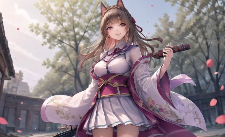 best quality,masterpiece,realistic,1girl, holding, skirt, solo, white skirt, outdoors, mask, fox mask, long hair, weapon, pleated skirt, smile, holding mask, brown hair, bangs, braid, wide sleeves, gun, holding weapon, looking at viewer, long sleeves, blurry background, japanese clothes, miniskirt, breasts, day, closed mouth, crown braid, holding gun, petals, red eyes, torii, blunt bangs, blurry, tree, medium breasts, cowboy shot, standing, shirt, brown eyes ,<lora:hipoly_3dcg_v7-epoch:0.3:NF>