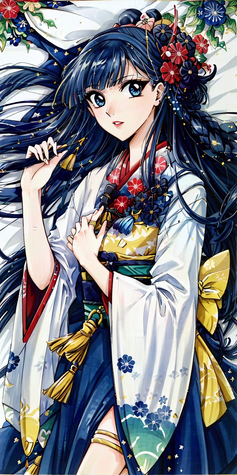 <lora:UMI-20:0.75>, (Masterpiece, Best Quality:1.3), (thick lineart), (faux traditional media), highres, official art, best illustration, (8k resolution), oiran, 1girl, mature female, solo, (blue kimono:1.1), japanese clothes, from above, breasts, obi, stylish, intricate, fantastic, fairytale, fantasy art, (detailed face),  lying on a bed of flowers, on back, (lovely eyes, looking at viewer, lipstick), very long hair, voluminous, low ponytail, depth of field, silhouette, perfect, makeup, lovely, (details:1.2), camellia, various colors, vivid, colorful, shiny, sky, stars, lumen global illumination, (background in the style of Hokusai Katsushika:1.3), water, ripples, <lora:Oiran-13:0.3> 
