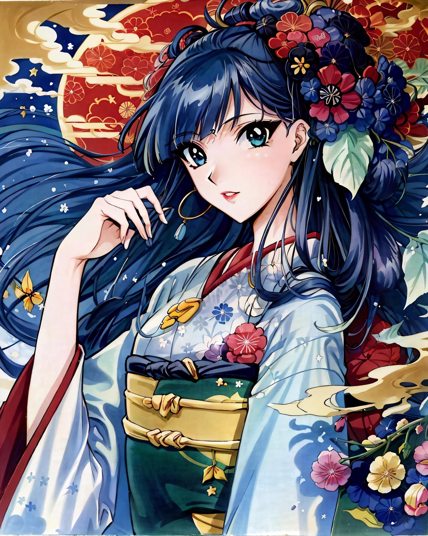 <lora:UMI-16:0.75>, (Masterpiece, Best Quality:1.3), (thick lineart), (faux traditional media), highres, official art, best illustration, (8k resolution), oiran, 1girl, mature female, solo, (blue kimono:1.1), japanese clothes, from above, breasts, obi, stylish, intricate, fantastic, fairytale, fantasy art, (detailed face),  lying on a bed of flowers, on back, (lovely eyes, looking at viewer, lipstick), very long hair, voluminous, low ponytail, depth of field, silhouette, perfect, makeup, lovely, (details:1.2), camellia, various colors, vivid, colorful, shiny, sky, stars, lumen global illumination, (background in the style of Hokusai Katsushika:1.3), water, ripples, <lora:Oiran-13:0.3> 