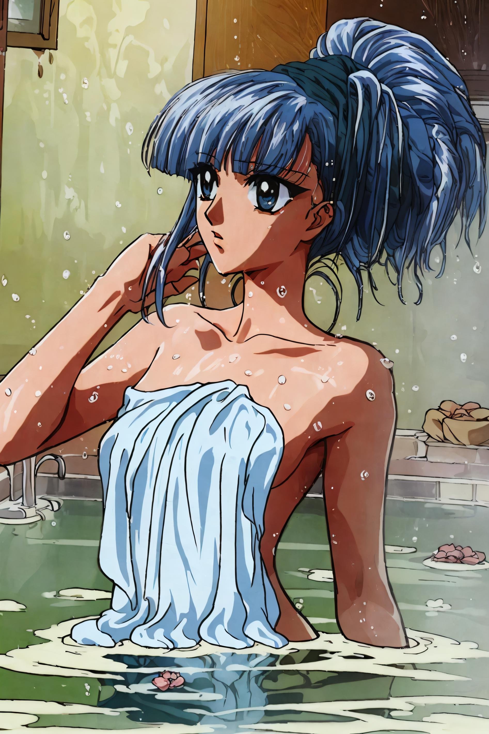 <lora:UMI-16:0.8>, (Highres), (2d), perfect artwork, ultra hd:1.1, ((Masterpiece, Best Quality)), retro artstyle, UMI, solo, flower, nude, water, wet, looking away, towel, covering, retro artstyle, bathing, bath, 1990s (style), 1980s (style), traditional media, beautiful, volumetric lighting, dynamic, cinematic scene, (scenery), bloom:0.4, (depth of field), sharp focus, (detailed face, detailed eyes