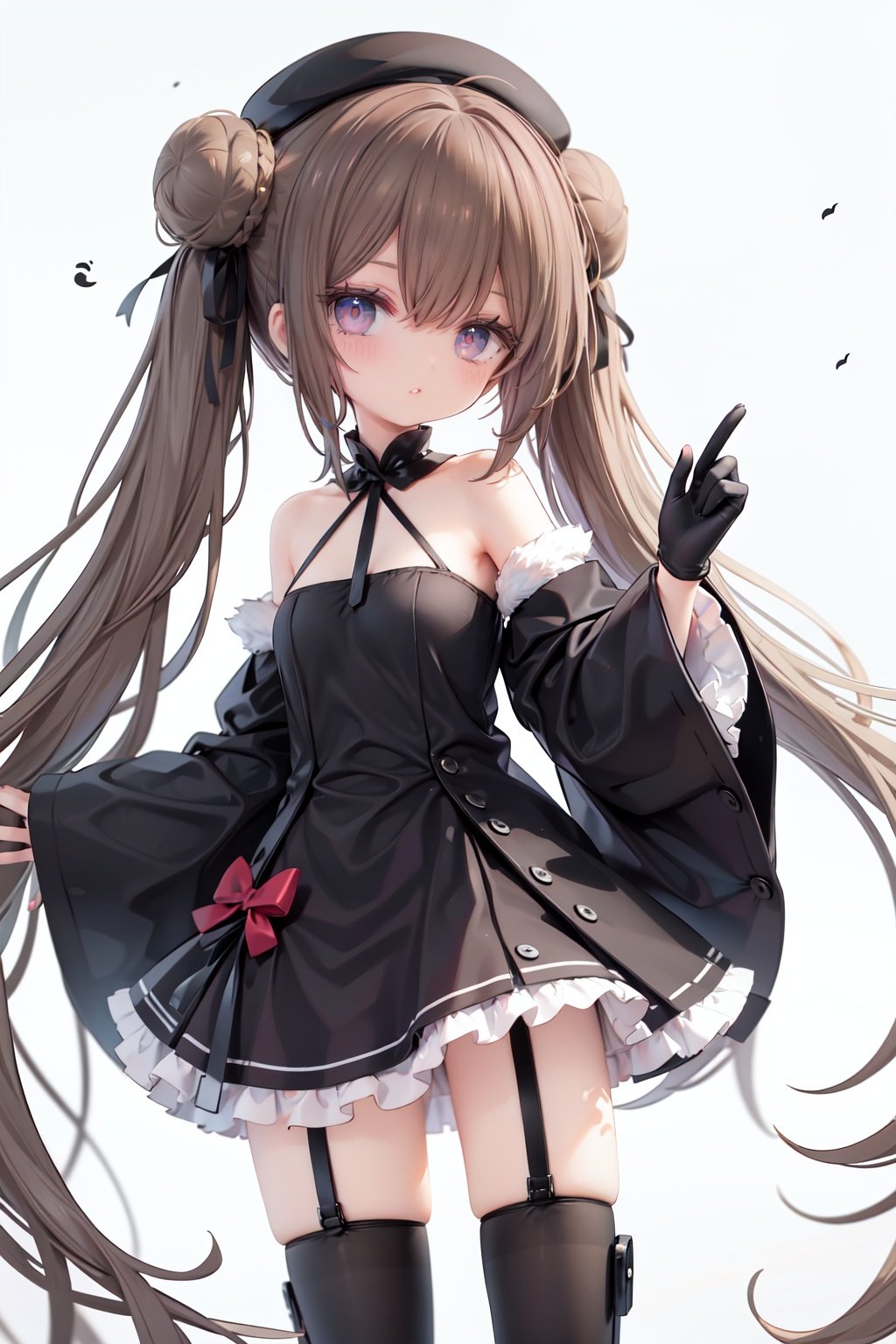 1girl, dress, double bun, hair bun, long hair, black dress, twintails, looking at viewer, smile, hat, bangs, brown hair, white background, solo, open mouth, blush, black headwear, very long hair, garter straps, thighhighs, bare shoulders, beret, :d, ribbon, black gloves, simple background, long sleeves, nail polish, black footwear, red ribbon, bow, gloves, wide sleeves, animal, hair ribbon, boots, red nails, sheath, sheathed, hair between eyes