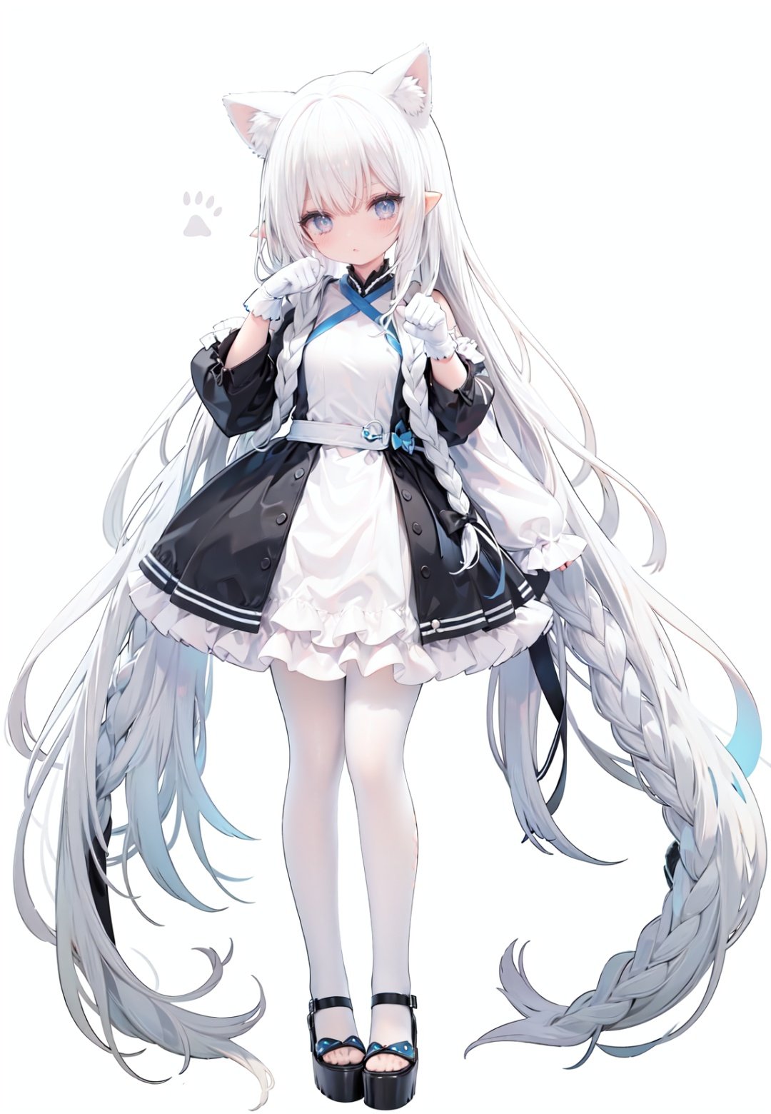 1girl, white_gloves, braid, full_body, gloves, long_hair, official_alternate_costume, pointy_ears, simple_background, solo, standing, very_long_hair, white_background,white hair,blue eyes,paw claw pose, open_mouth,