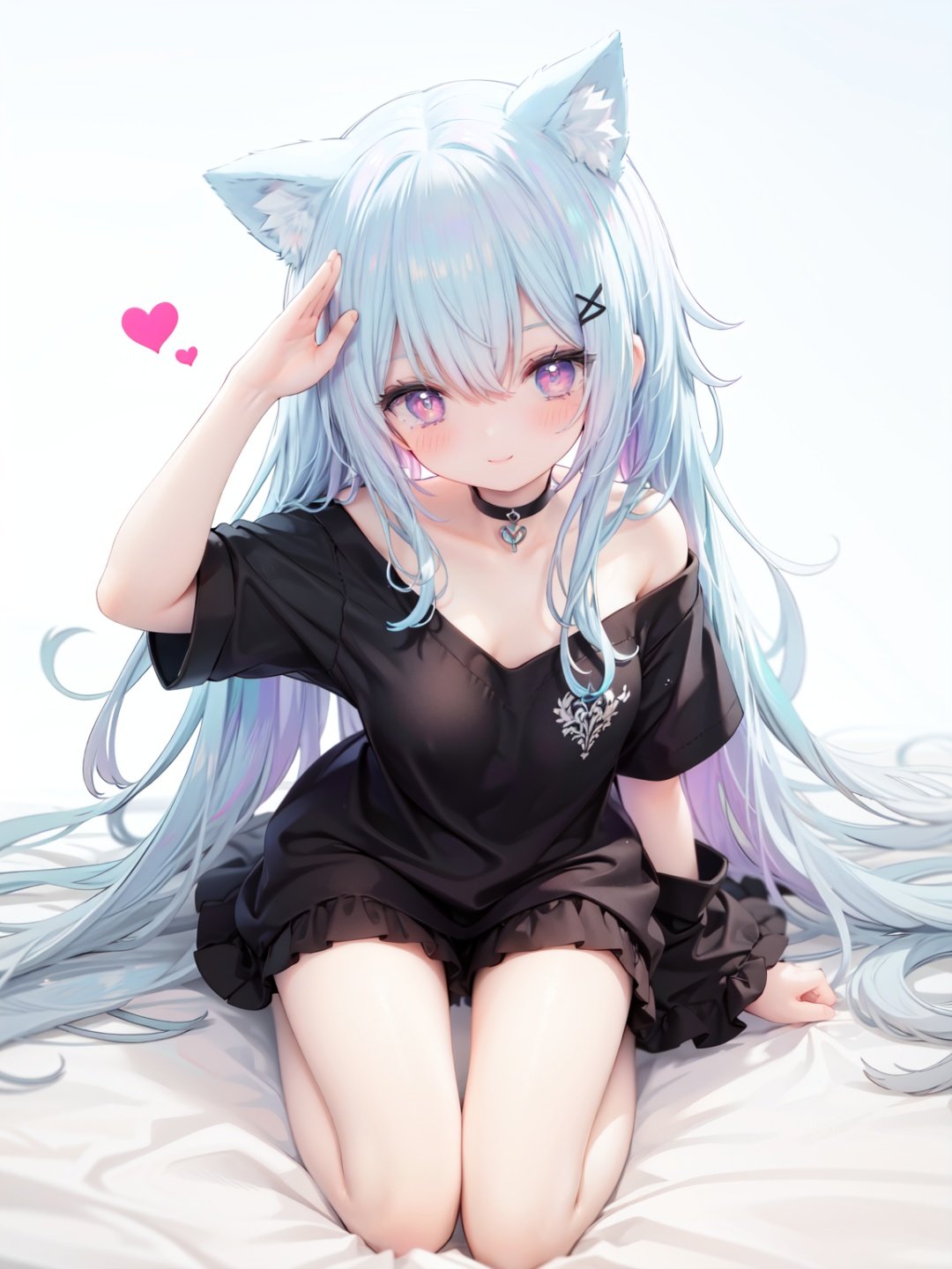 petite, loli, solo, animal ears, heart, puffy short sleeves, blue hair, long hair, off shoulder, bangs, hair ornament, gradient background,rainbow gradient, x hair ornament, animal ear fluff, looking at viewer, very long hair, blush, smile, cat ears, bare shoulders, collarbone, hand up, gradient sweater, hair between eyes, symbol-shaped pupils, arm up, heart-shaped pupils, hairclip, medium breasts, salute, bare legs,full body