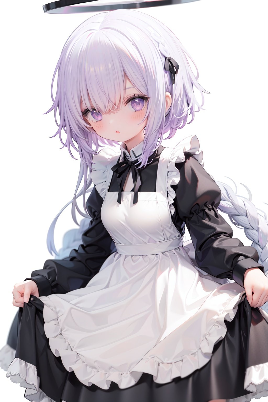 1girl,  solo,  apron,  long hair,  hair over one eye,  white background,  frills,  braid,  halo,  long sleeves,  dress,  simple background,  white hair,  white apron,  puffy sleeves,  very long hair,  frilled apron,  maid,  purple eyes,  ribbon,  parted lips,  maid apron,  bangs,  juliet sleeves,  black dress,  neck ribbon,  looking at viewer,  single braid,  blush