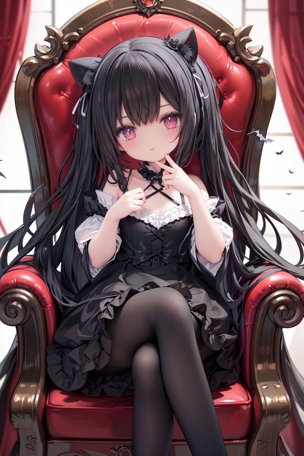 masterpiece, ((best quality)), (ultra-detailed), (illustration), an extremely delicate and beautiful girl, dynamic angle, chromatic aberration, ((colorful)),//,1girls,loli,(petite child:1.1),//,(in Gothic castle),girl with black hair,red eyes,Vertical pupil,long hair,hair arrangement,(Detailed face description),(batwing),(Gothic Lolita),(bat tail),alccandlestick,Cathedral glass,,short skirt,black pantyhose,red lace,high heels,rose tattoo,throne,sitting,crossed legs,//,