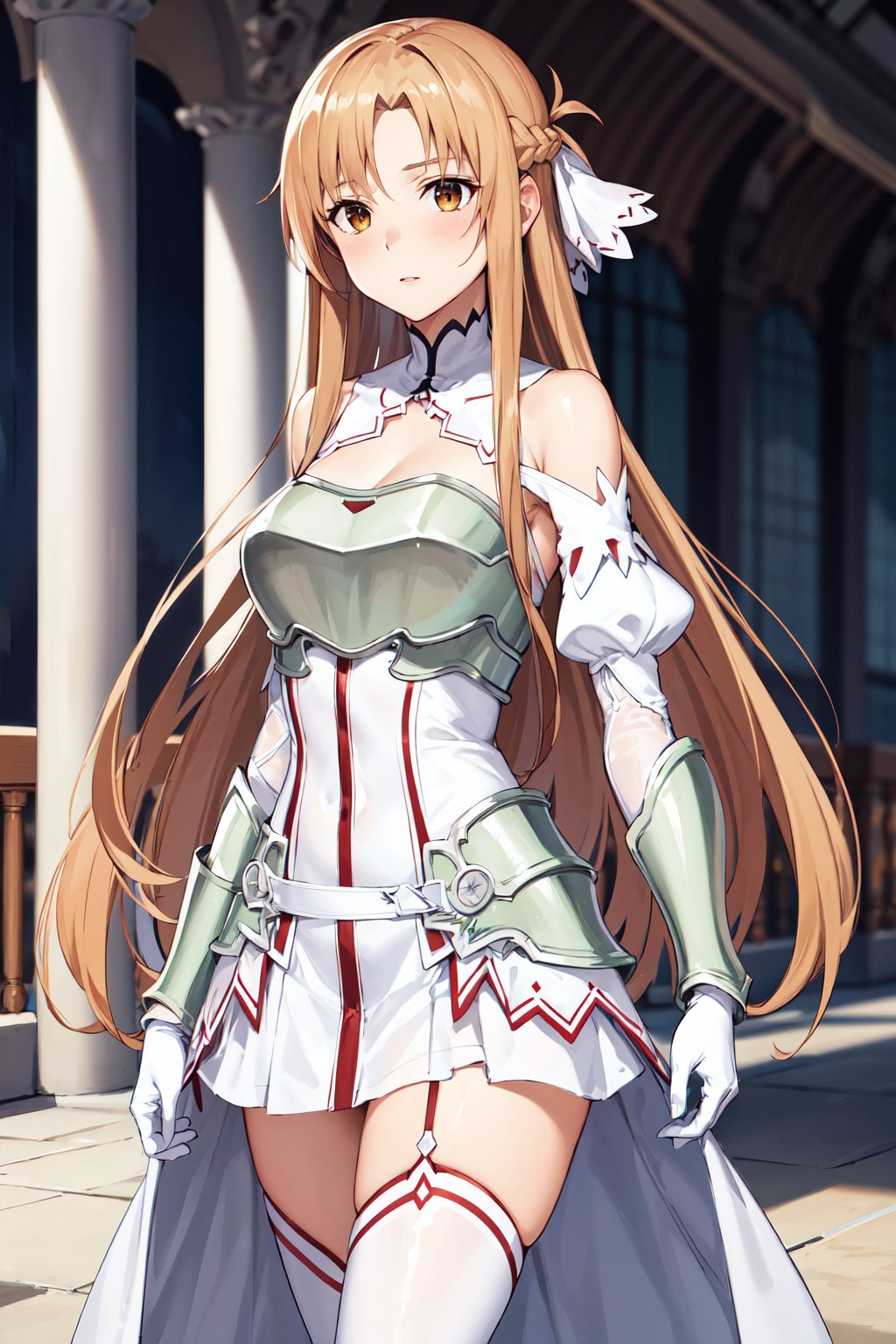 masterpiece, best quality, highres, ddasuna, long hair, brown hair, hair ribbon, brown eyes, bare shoulders, white armor, armored dress, detached sleeves, white gloves, white thighhighs, <lora:asuna_(sao)_v1:0.7>, outdoors, standing, cowboy shot