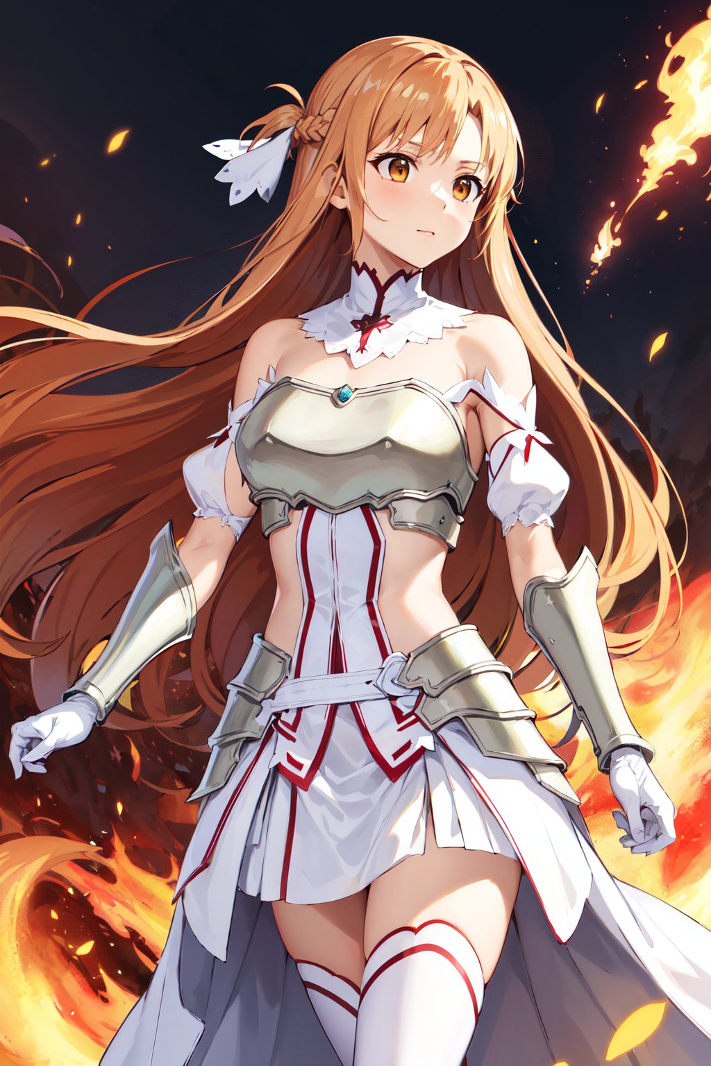 masterpiece, best quality, highres, ddasuna, long hair, brown hair, hair ribbon, brown eyes, bare shoulders, white armor, armored dress, detached sleeves, white gloves, white thighhighs, <lora:asuna_(sao)_v1:0.7>, walking, cowboy shot, explosion, fire,