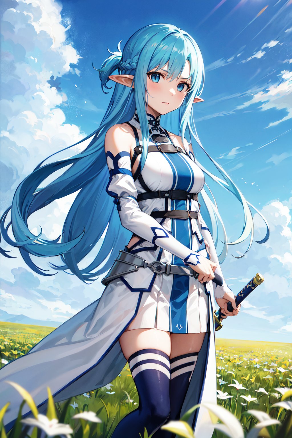 masterpiece, best quality, highres, bbasuna, long hair, blue hair, blue eyes, pointy ears, white dress, detached sleeves, blue thighhighs, <lora:asuna_(sao)_v1:0.7>, standing, sword, holding weapon, holding, outdoors, field, 