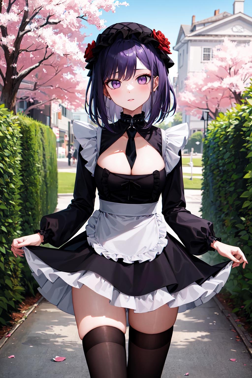 masterpiece, best quality, highres, kitagawa marin, 1girl, purple hair, medium hair, purple eyes, bonnet, red rose, collar, gothic, frills, black dress, black necktie, cleavage, long sleeves, white apron, thighhighs, <lora:kitagawa_marin_v1-1:0.7>, cowboy shot, standing, straight-on, arms at sides, outdoors,