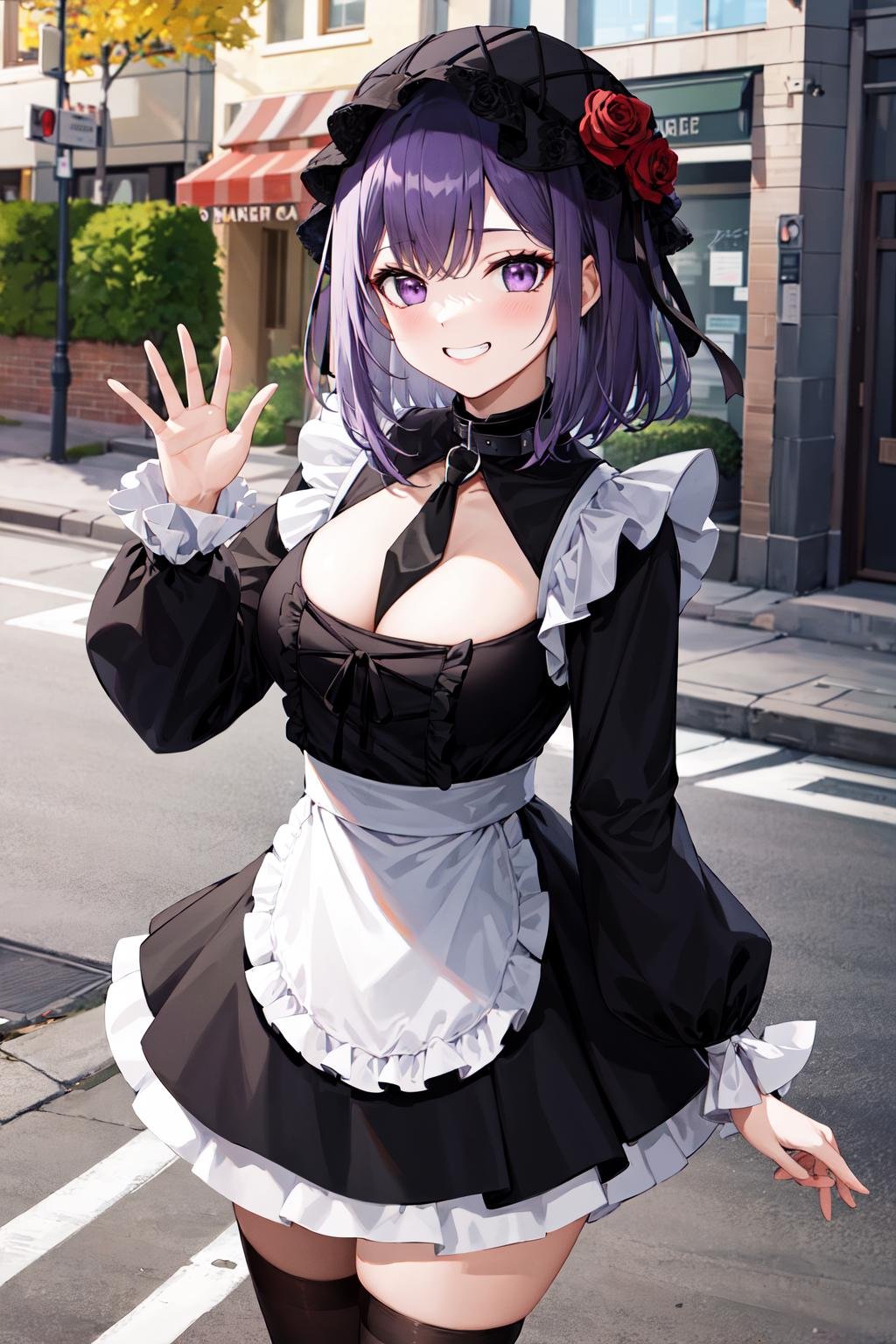 masterpiece, best quality, highres, kitagawa marin, 1girl, purple hair, medium hair, purple eyes, bonnet, red rose, collar, gothic, frills, black dress, black necktie, cleavage, long sleeves, white apron, thighhighs, <lora:kitagawa_marin_v1-1:0.7>, grin, waving, street, cowboy shot, 