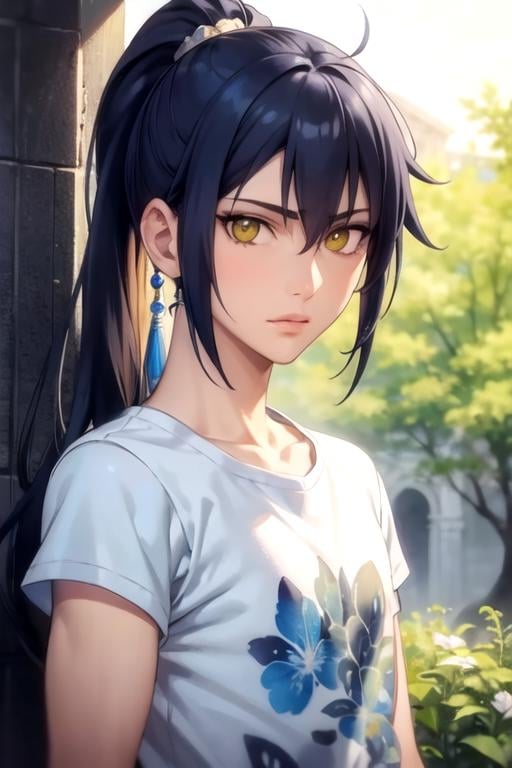 masterpiece, best quality, illustration, 1boy, solo, male focus, looking at viewer, upper body, , , realistic, <lora:jinghua_yang:0.68>, jinghua_yang, blue hair, yellow eyes, long hair, ponytail, low ponytail, t-shirt, , ancient rome,